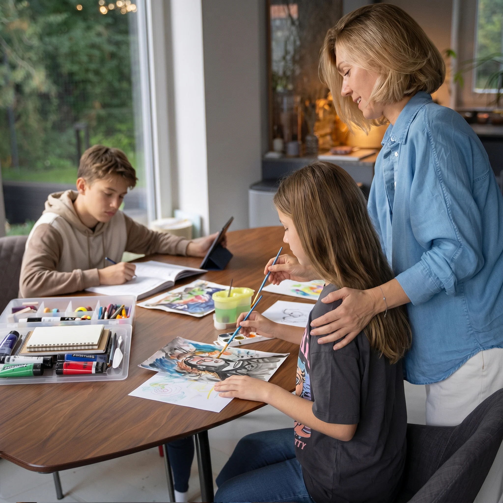 Caregiver supporting two children during a creative art activity at home