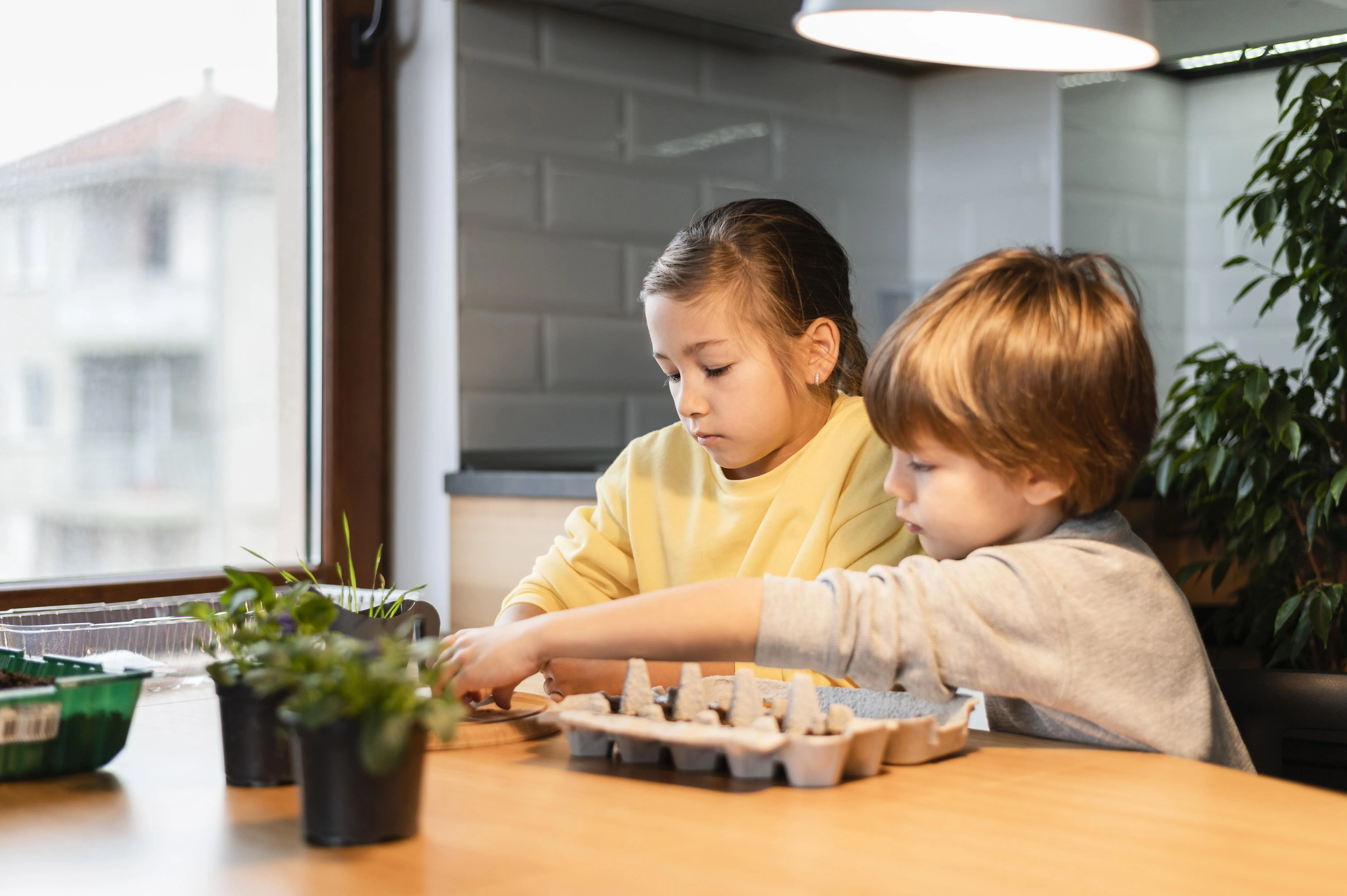 Children planting seeds together at home